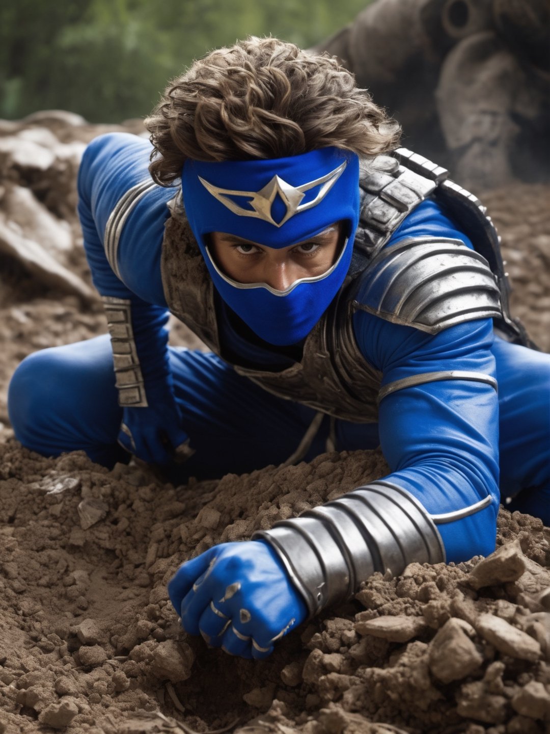 best quality, blue ninja ranger laying down on a big pile, penetrating look, evil eyes, messy hair, ((closeup)), best quality, ultra realistic, photorealistic, a lot money everywhere