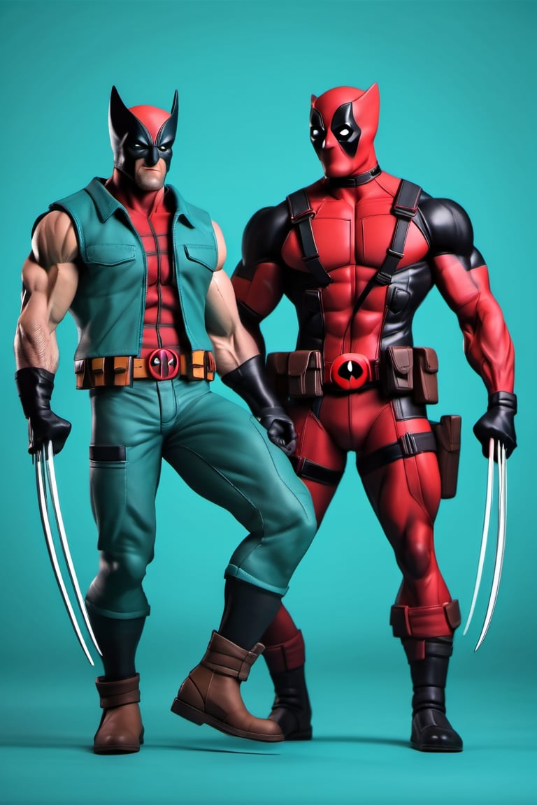 figure of Wolverine and Deadpool, head, legs, feet, teal dimentional background, high-res