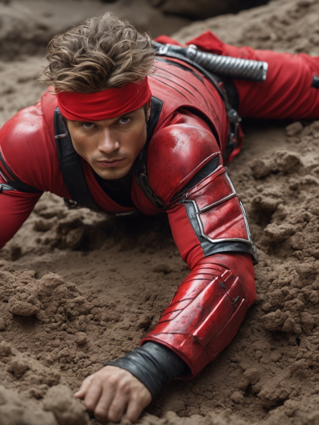 best quality, red ninja ranger laying down on a big pile, penetrating look, evil eyes, messy hair, ((closeup)), best quality, ultra realistic, photorealistic, a lot money everywhere