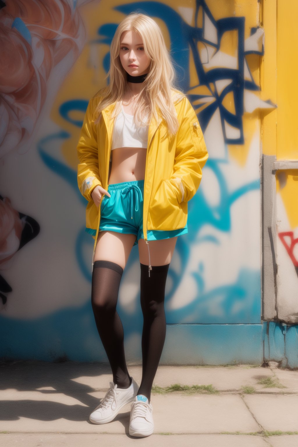 A close-up shot of a blonde-haired girl gazing directly into the camera lens. Her long locks cascade down her back like a golden waterfall. She wears long sleeves and high-cut shorts with bold black thigh-highs, adding a touch of edginess to her cosplay outfit. The yellow jacket provides a pop of color against the city's vibrant graffiti backdrop. In the foreground, sneakers sit atop the pavement, while in the background, a reference inset or photo inset adds an extra layer of depth and dimensionality to the scene.