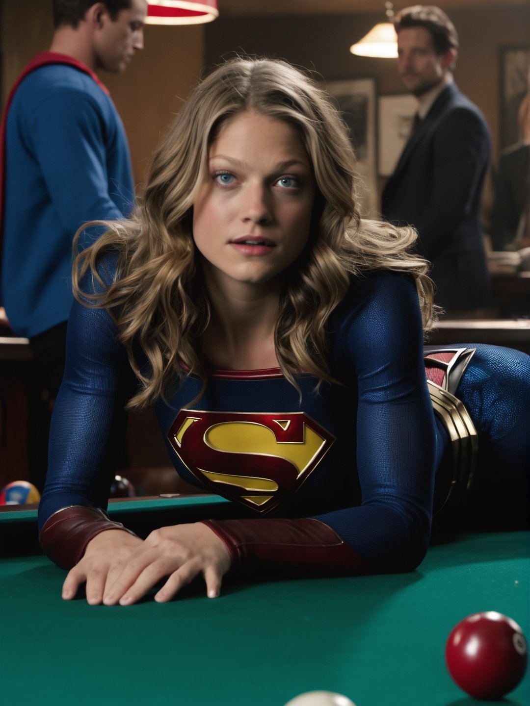 best quality, Melissa Benoist as Supergirl laying down on a pool table, wear black stocking, penetrating look, evil eyes, messy hair,stocking, ((closeup)), best quality, ultra realistic, photorealistic, a lot money everywhere