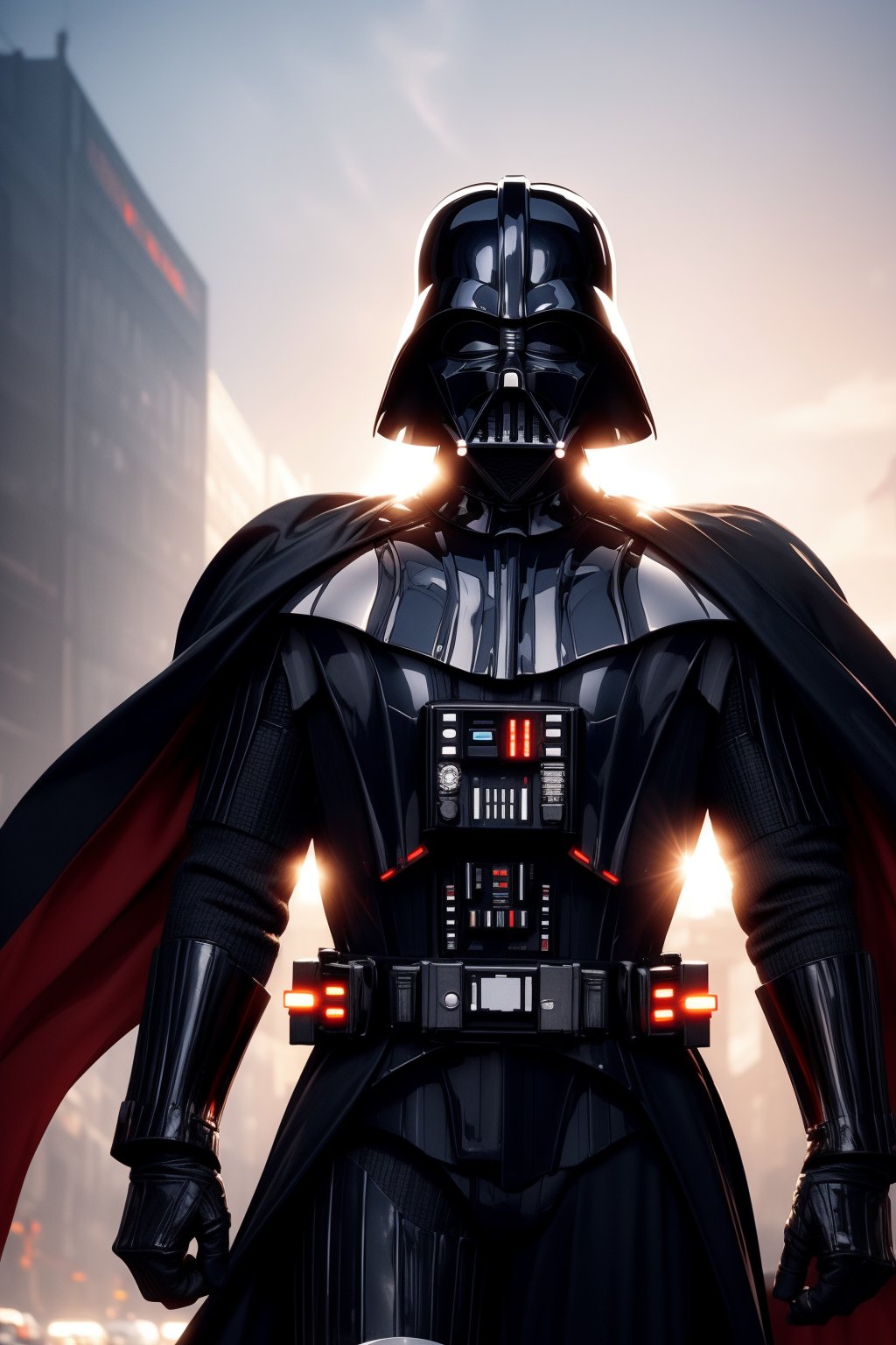 Here's a prompt for an image:

In this hauntingly lit cityscape, Darth Vader stands sentinel at dusk, his black armor and helmet absorbing the last rays of sunlight. The LED-lit skyscraper facade casts an otherworldly glow on his masked face, as if amplifying his dark power. Power lines radiate from him like tentacles, exuding an aura of dominance. In the distance, smoke-shrouded buildings stretch towards the horizon, mirroring Vader's imposing presence amidst the city's dark, futuristic landscape.