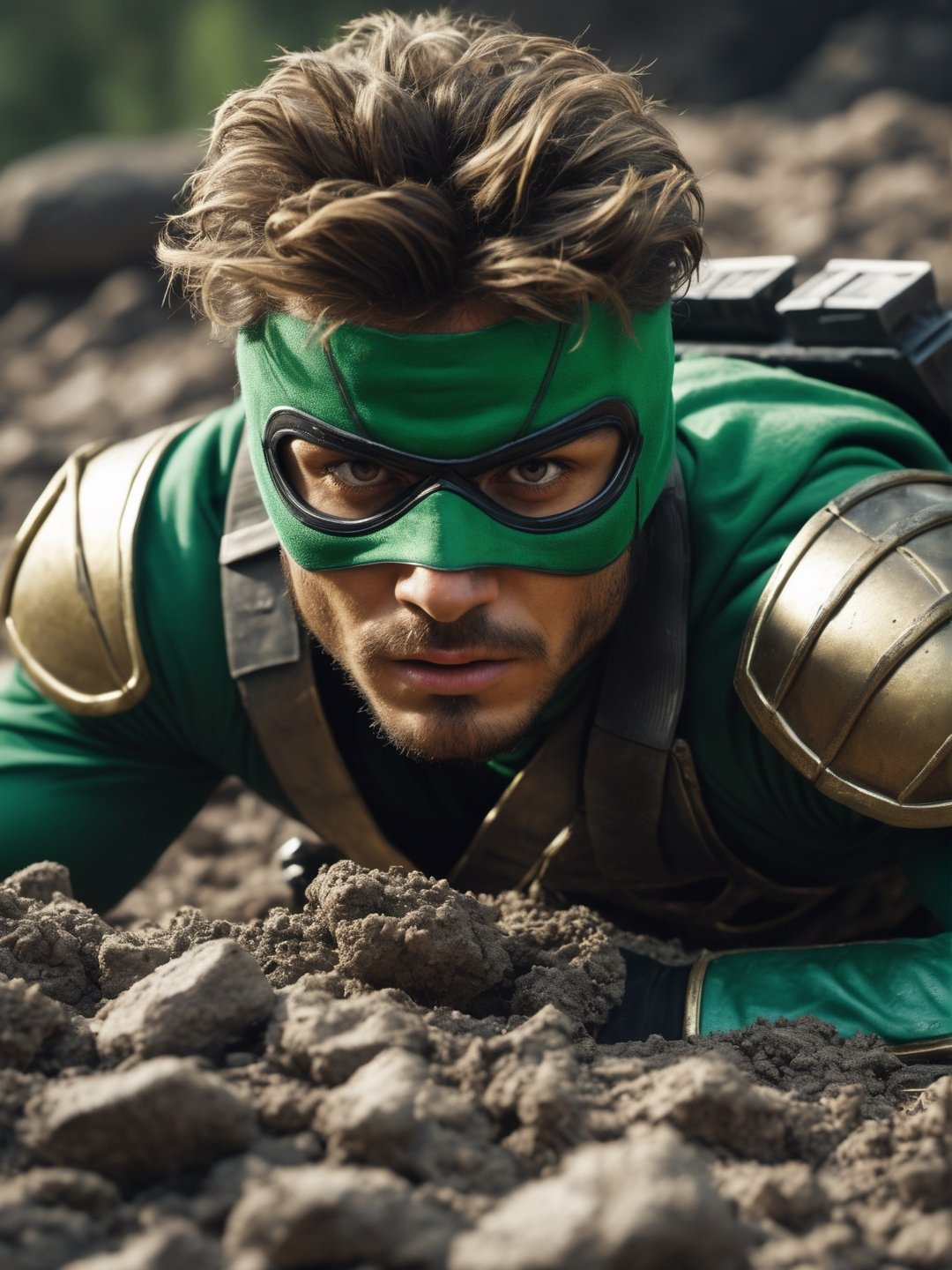 best quality, green ninja ranger laying down on a big pile, penetrating look, evil eyes, messy hair, ((closeup)), best quality, ultra realistic, photorealistic, a lot money everywhere