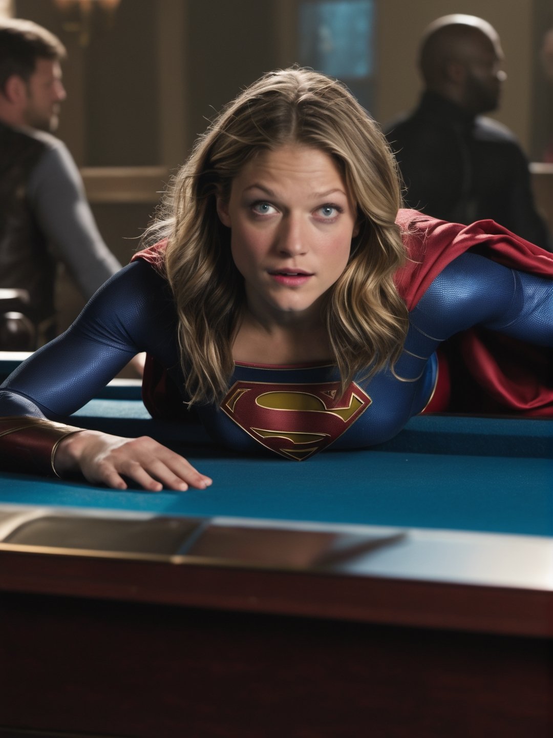 best quality, Melissa Benoist as Supergirl laying down on a pool table, penetrating look, evil eyes, messy hair,stocking, ((closeup)), best quality, ultra realistic, photorealistic, a lot money everywhere