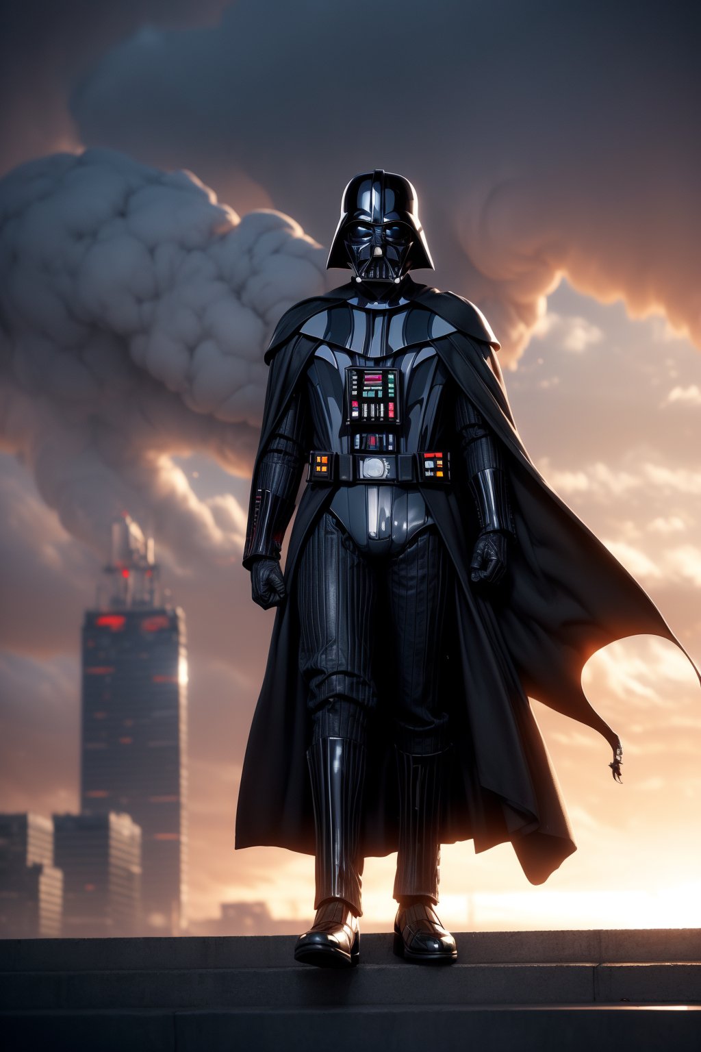 Here's a prompt for an image:

In this hauntingly lit cityscape, Darth Vader stands sentinel at dusk, his black armor and helmet absorbing the last rays of sunlight. The LED-lit skyscraper facade casts an otherworldly glow on his masked face, as if amplifying his dark power. Power lines radiate from him like tentacles, exuding an aura of dominance. In the distance, smoke-shrouded buildings stretch towards the horizon, mirroring Vader's imposing presence amidst the city's dark, futuristic landscape.