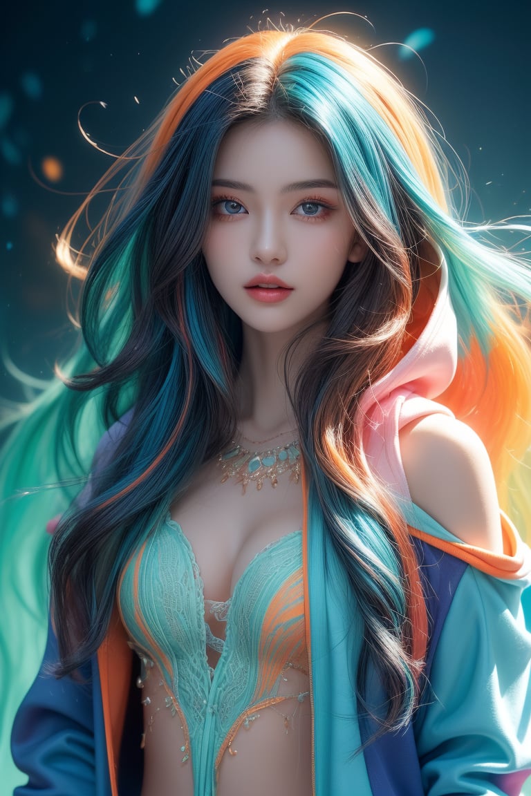 A stunning portrait shot of a young woman stands out against a psychedelic backdrop, her mesmerizing multicolored hoodie swirling with blue, orange, and teal hues. Her flowing locks cascade down her shoulders, harmoniously complementing the intricate design of her outfit. She gazes directly at the viewer with calm confidence, exuding bold artistic flair and modern fashion sensibilities.