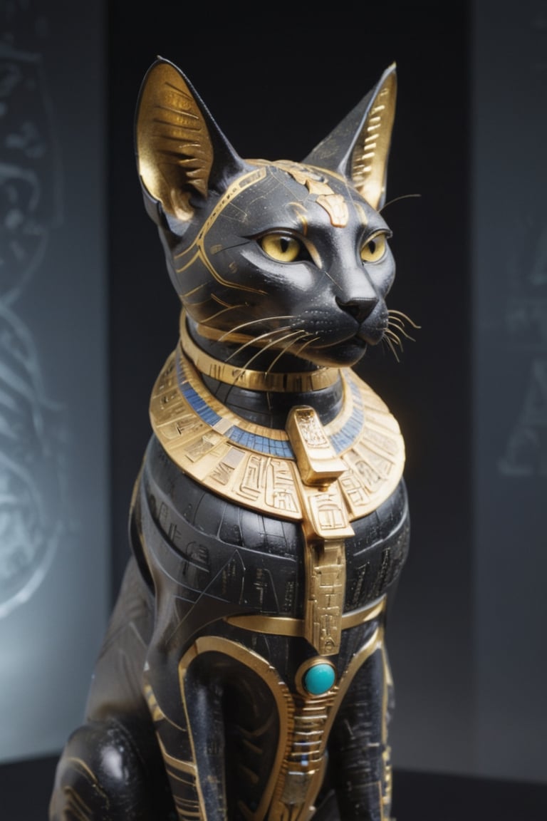 Masterpiece sculpture of Bastet "cat goddess" in a futuristic reinterpretation, avant-Egyptian, The Monumental god figure is immensely complex and futuristic. Sculpted in black granite with an ultra smooth finish and gold inlays, modular, sacred hieroglyphs. Dark background with projected dim Egyptian symbology made of light. Grand and sober. Portrait shot, center focus, laser-cut, hyper-detail, Sci-fy, futuristic-avant-Egyptian. --no mockup, bad anatomy, text, signature, watermark, username, low resolution, worst quality, low quality, jpeg artefacts, blurry, cropped, badly framed