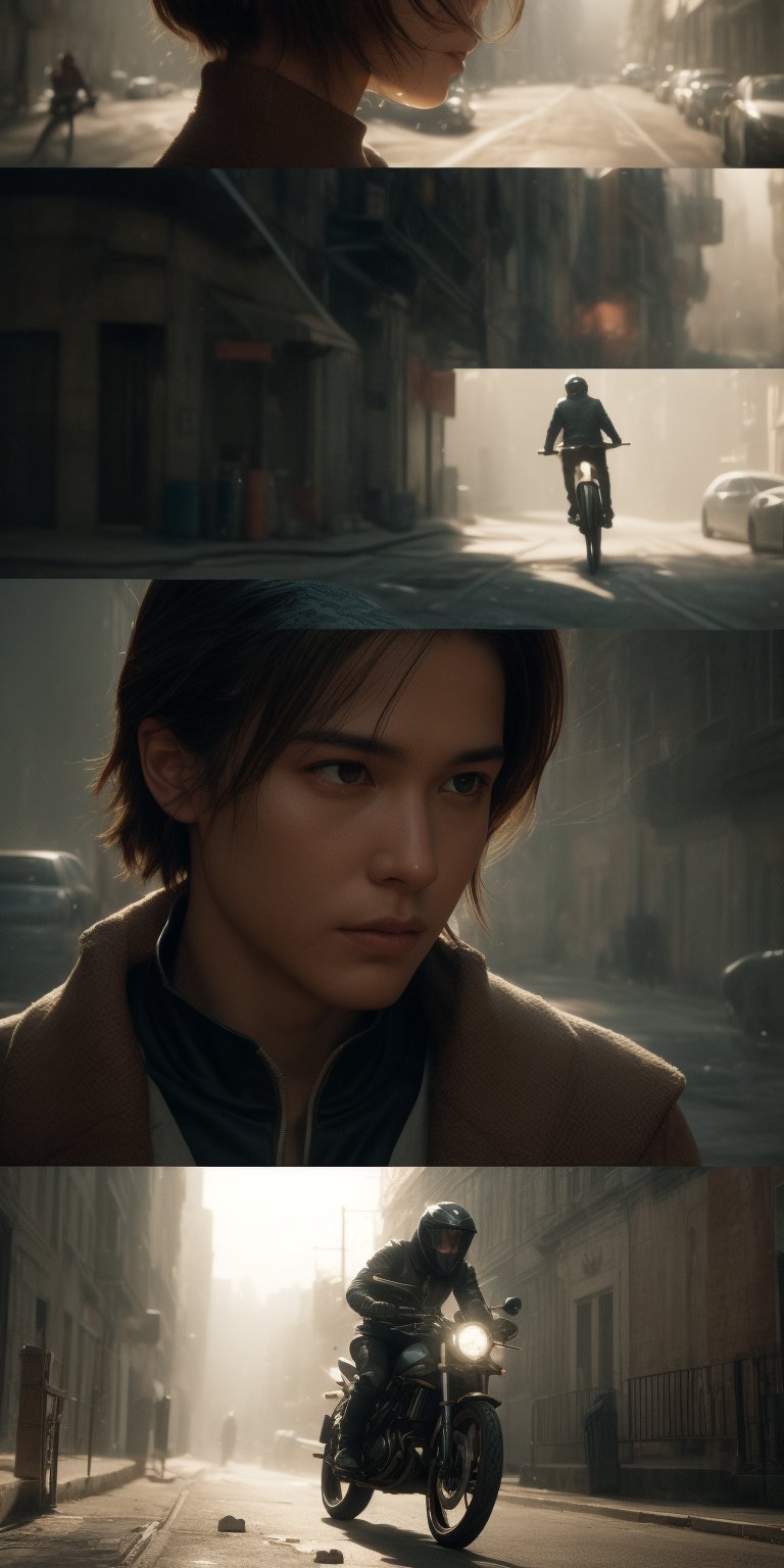 A cinematic masterpiece unfolds: a dynamic, action-packed shot showcasing a bike, rendered in meticulous 64k ultra-high definition. Volumetric light and intricate details evoke the style of Travis Charest and Phil Noto's colored comic book panels. In the realm of Hideo Kojima, this image must defy convention, boasting complex structure and high randomness. The result is an unparalleled work of art, a true masterpiece that redefines the boundaries of visual storytelling.