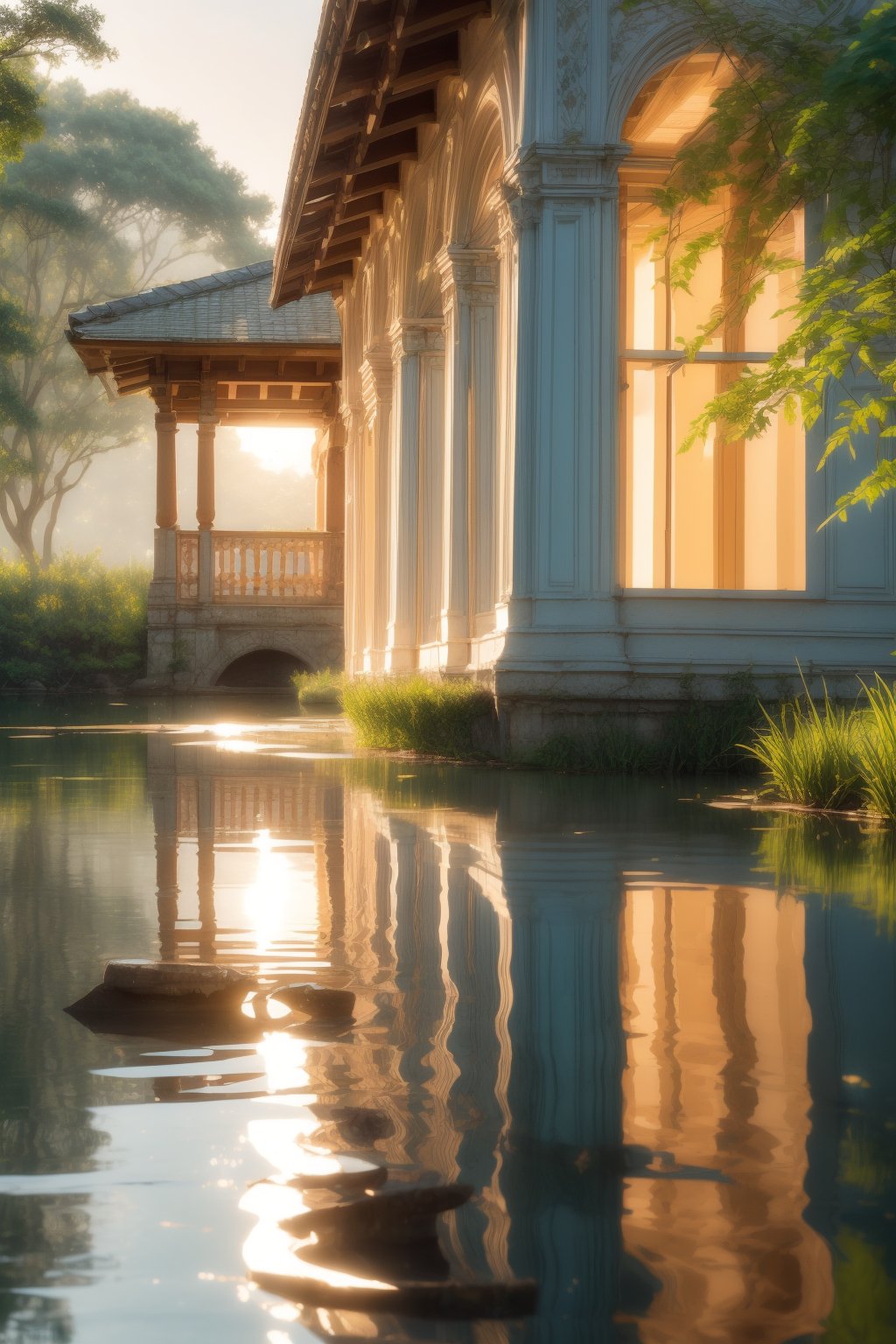 A serene dawn scene: framing the tranquil lake's calm surface is the picturesque façade of the charming building with its large window, bathed in warm sunlight casting a comforting glow. The lush green fern grows alongside the water's edge, delicate leaves softly swaying in the morning breeze against rolling hills and a brilliant blue sky, providing a serene backdrop.