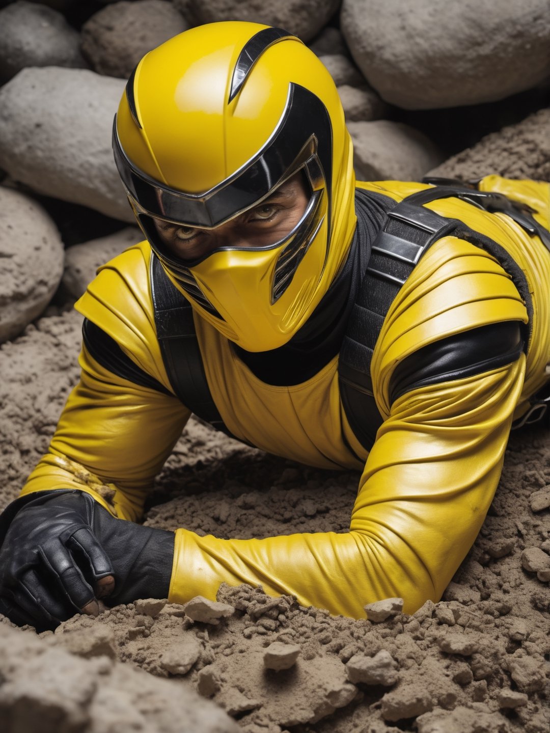 best quality, yellow ninja ranger laying down on a big pile, penetrating look, evil eyes, messy hair, ((closeup)), best quality, ultra realistic, photorealistic, a lot money everywhere