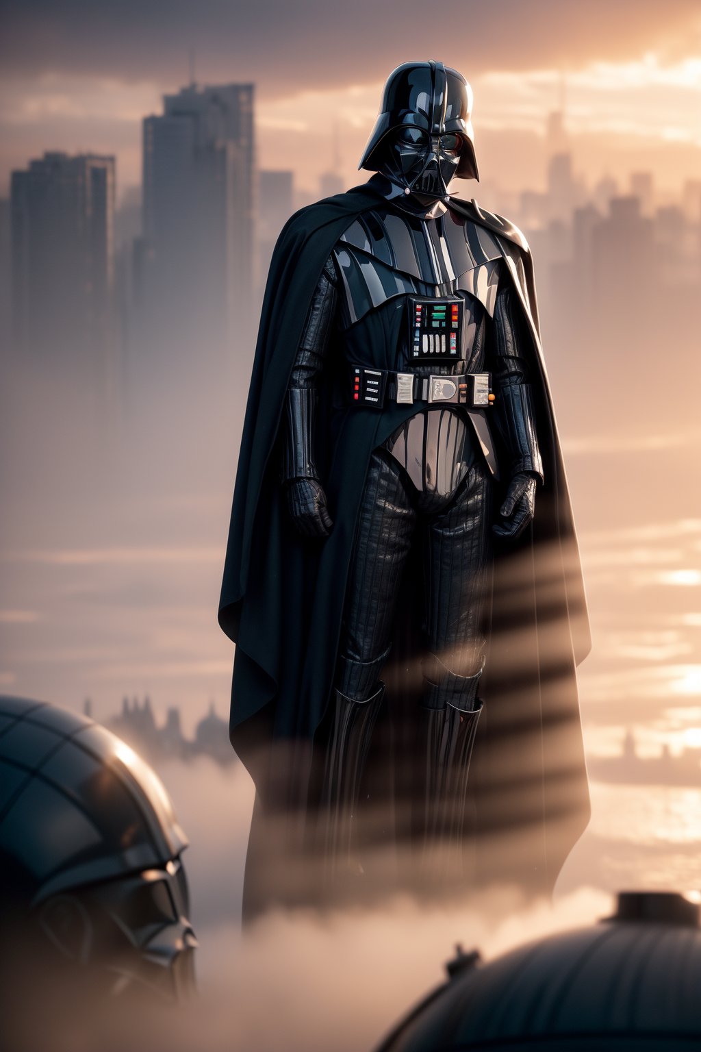 Here's a prompt for an image:

In this hauntingly lit cityscape, Darth Vader stands sentinel at dusk, his black armor and helmet absorbing the last rays of sunlight. The LED-lit skyscraper facade casts an otherworldly glow on his masked face, as if amplifying his dark power. Power lines radiate from him like tentacles, exuding an aura of dominance. In the distance, smoke-shrouded buildings stretch towards the horizon, mirroring Vader's imposing presence amidst the city's dark, futuristic landscape.