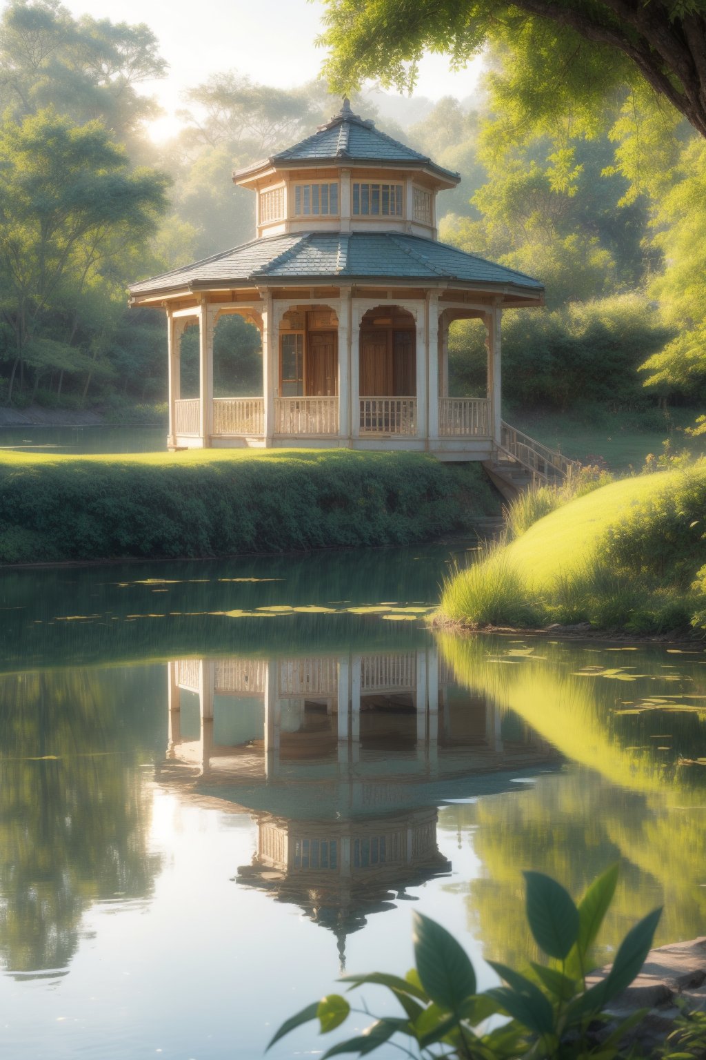 A serene dawn scene: framing the tranquil lake's calm surface is the picturesque façade of the charming building with its large window, bathed in warm sunlight casting a comforting glow. The lush green fern grows alongside the water's edge, delicate leaves softly swaying in the morning breeze against rolling hills and a brilliant blue sky, providing a serene backdrop.