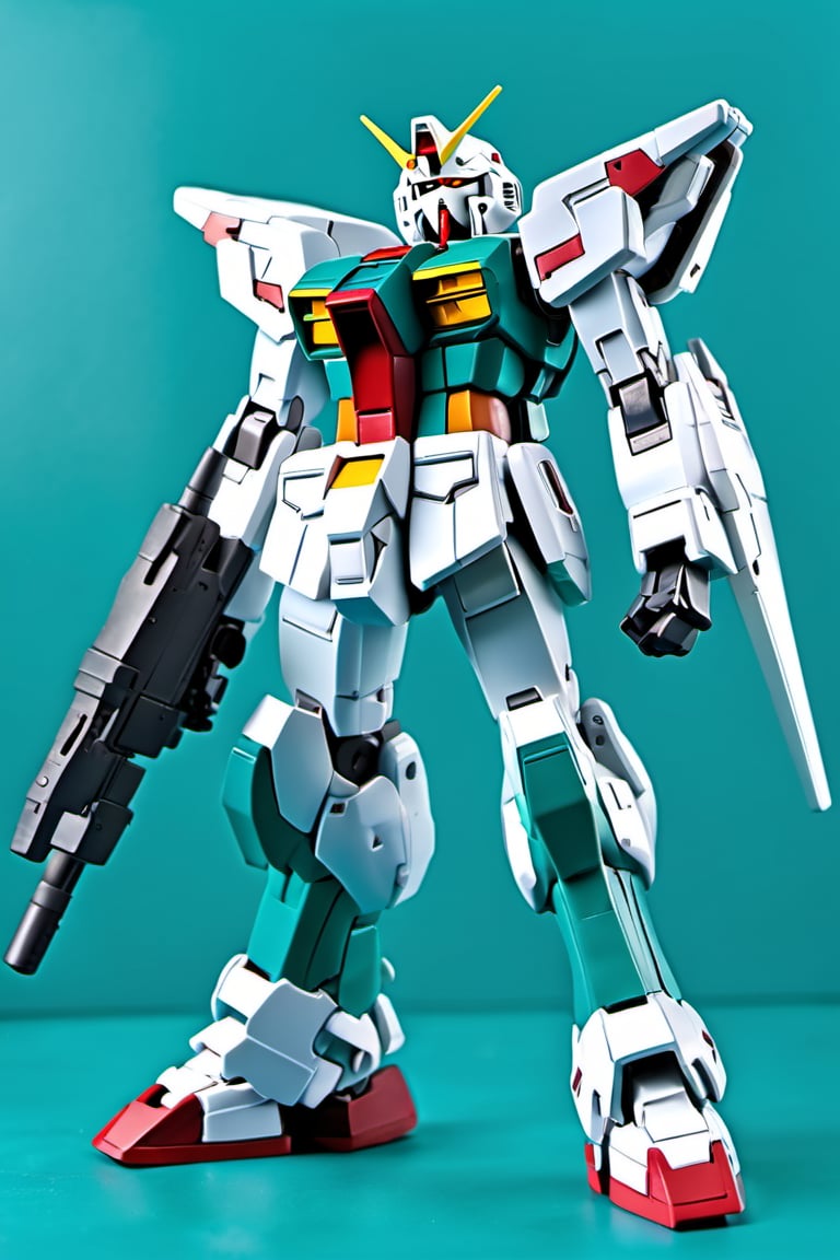 figure of gundam, head, legs, feet, teal dimentional background, high-res