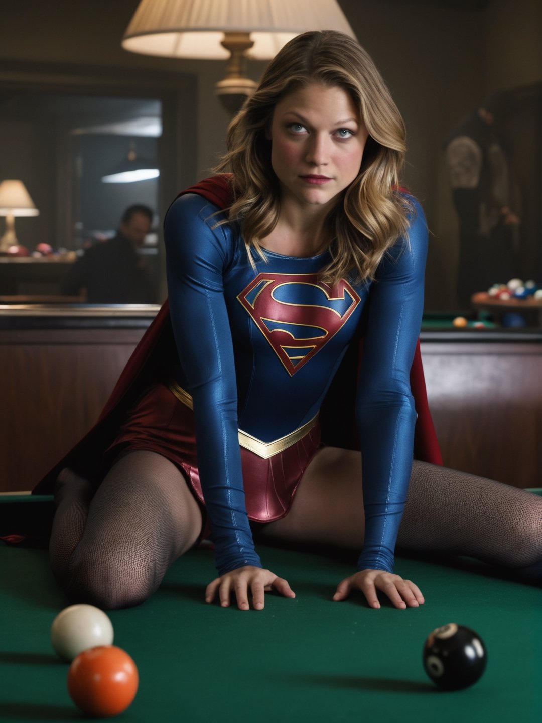 best quality, Melissa Benoist as Supergirl laying down on a pool table, wear black stocking, penetrating look, evil eyes, messy hair,stocking, ((closeup)), best quality, ultra realistic, photorealistic, a lot money everywhere