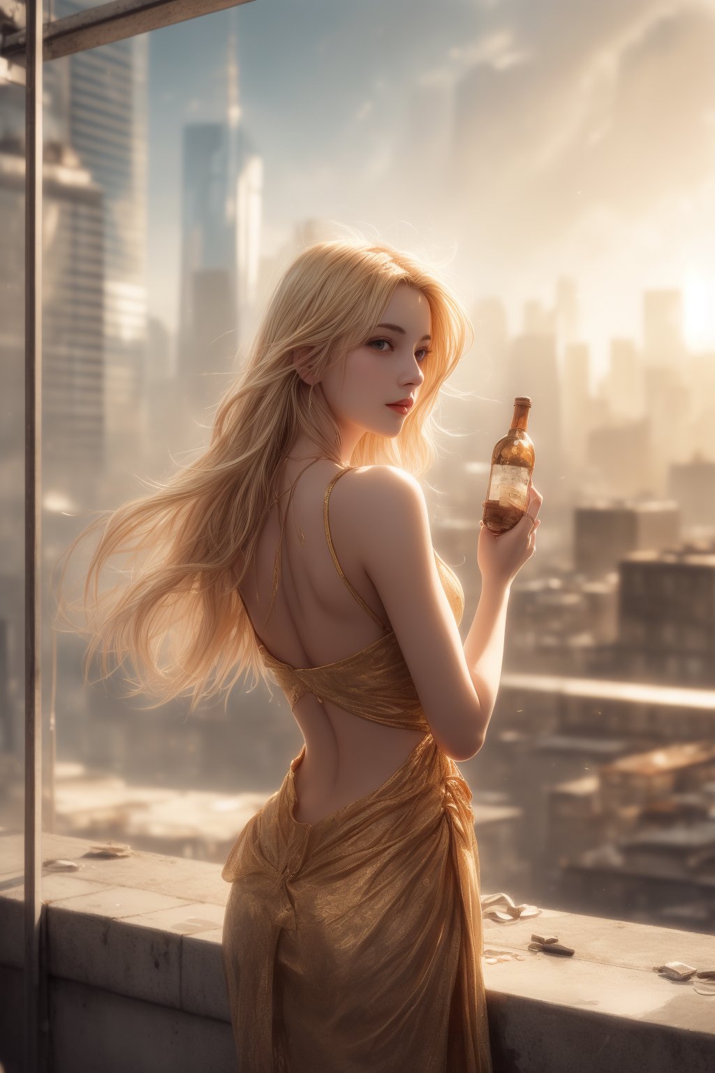 A young woman with vibrant blonde hair cascading down her back like a golden waterfall reclines on her back amidst the concrete jungle's urban landscape, surrounded by towering skyscrapers' imposing facades. Her relaxed expression, framed by slightly disheveled locks, is juxtaposed against the serenity of her gaze as she cradles a bottle in one hand, seemingly forgotten. Warm sunlight bathes the scene in a hazy, blurry atmosphere, capturing the carefree moment as her eyes drink in the cityscape's gritty yet charming backdrop of blurred concrete and steel structures.