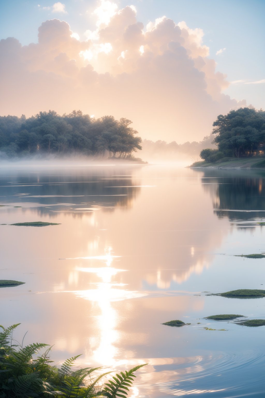 A tranquil dawn scene unfolds: a majestic lake's glassy surface reflects the charming building's façade, its large window aglow with warm sunlight casting a comforting ambiance. Ferns with delicate leaves softly sway beside the water's edge, set against rolling hills and a brilliant blue sky, providing a serene backdrop as morning mist rises.