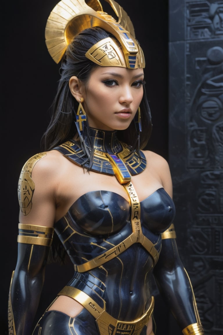 Masterpiece sculpture of Psylocke in a futuristic reinterpretation, avant-Egyptian, The Monumental god figure is immensely complex and futuristic. Sculpted in black granite with an ultra smooth finish and gold inlays, modular, sacred hieroglyphs. Dark background with projected dim Egyptian symbology made of light. Grand and sober. Portrait shot, center focus, laser-cut, hyper-detail, Sci-fy, futuristic-avant-Egyptian. --no mockup, bad anatomy, text, signature, watermark, username, low resolution, worst quality, low quality, jpeg artefacts, blurry, cropped, badly framed