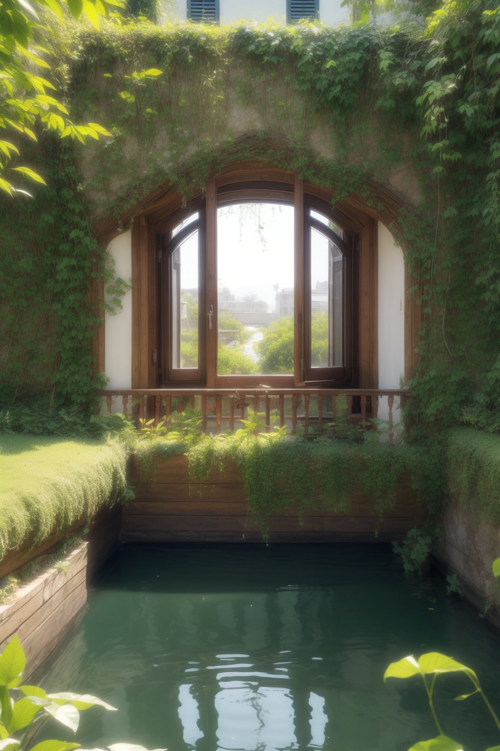 A serene outdoor setting captures a tranquil moment: a sparkling window frames a lush greenery-adorned building facade, with vines crawling up the walls. A picturesque scene unfolds, as a tranquil body of water laps gently against the shore, its rippled surface reflecting the surrounding foliage. The warm sunlight casts a gentle glow on the entire scenery.