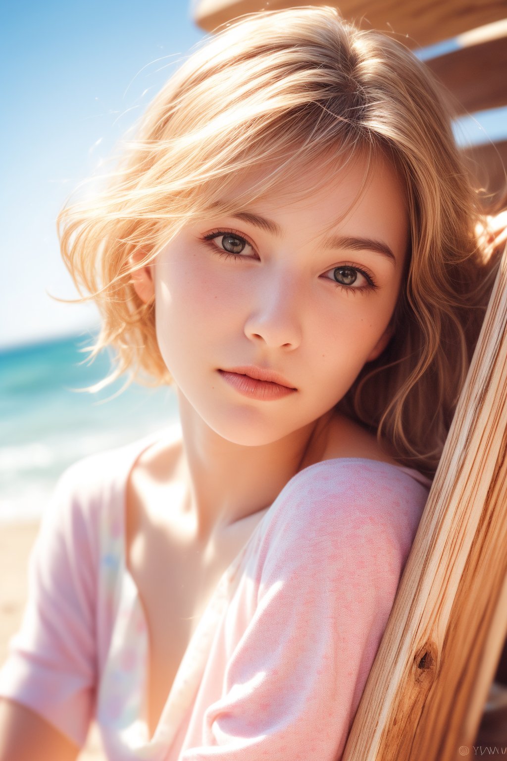 Soft focus captures stunning blonde model's serene expression on weathered wooden deck, bathed in warm afternoon sunlight with gentle diffusion. Medium close-up shot frames her symmetrical face and proportional features as she lounges effortlessly in a beach chair. Vibrant rainbow polka dots on her white top add nostalgic Y2K flair. Low angle perspective emphasizes relaxed elegance.