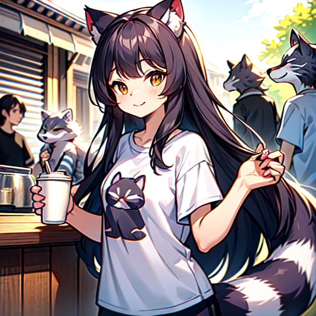 super cute racoon, wearing a tshirt and drinking coffee, long hair, some cats in the background.
