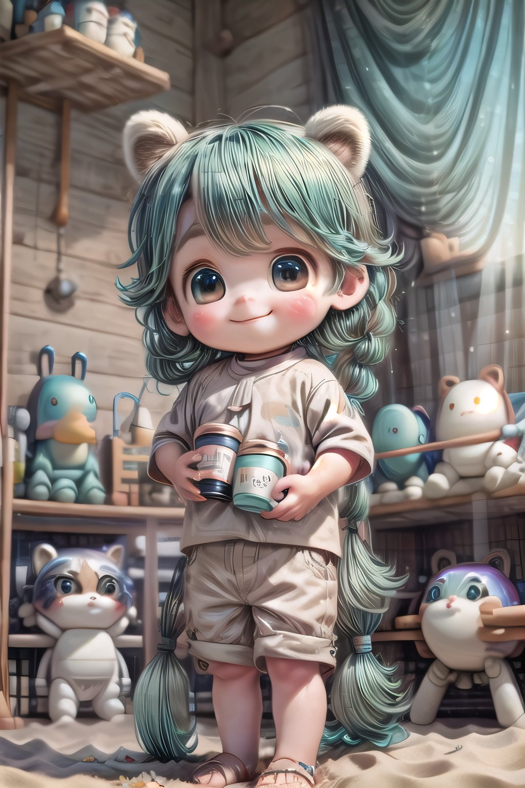 photorealistic, 1boy, sand skin:2.0, aqua hair, curly long hair with braids, racoon ears and tail, big eyes, smile,  standing, Mameluke, drinking coffee, space ship, upper body,baby face,perfecteyes,