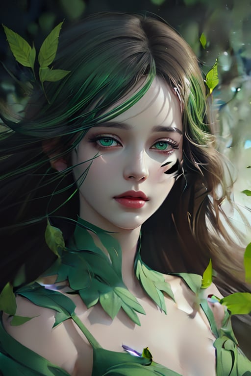 beautiful woman, wearing green dress, art by Anna Dittman, fluid motion, flying leaves, green and yellow, cinematic lighting, digital painting, ultra realistic painting,opening eyes"