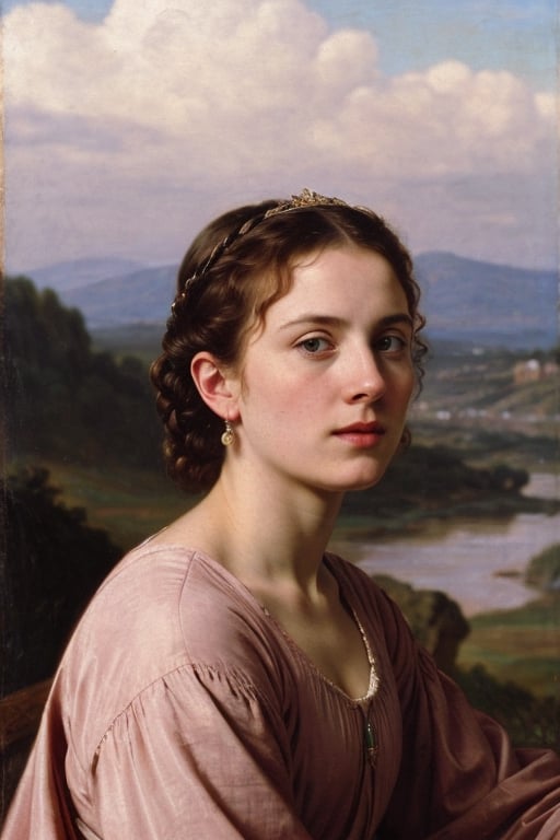 hyper-detailed,  photorealistic,  ultra photoreal,  cinematic shading
Renaissance style. Photographic detailed.
Alike a 16th century style oil painting portrait of Lady Denisa. She is looking away with profile face. Her look is ogle. She is blackhaired woman.
Background pink sky with white partly clouds and river.
16th century costumes.
Accurate anatomy.
Make the design photographic and with ultra realistic details., realistic, photorealistic, character, cinematic moviemaker style,photorealistic,FilmGirl,realistic,renaissance,3va,oil painting