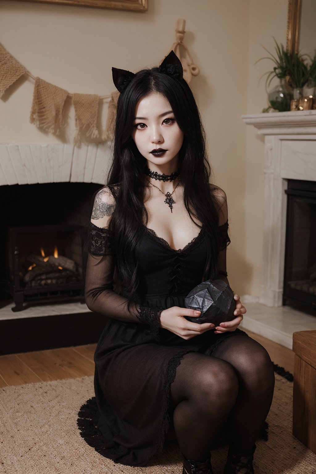 Korean sister, (goth:1.3),pale skin, knealing, brooding, (holding) lump of coal, livingroom,realhands,black cats,four_fingers,satanic,realistic