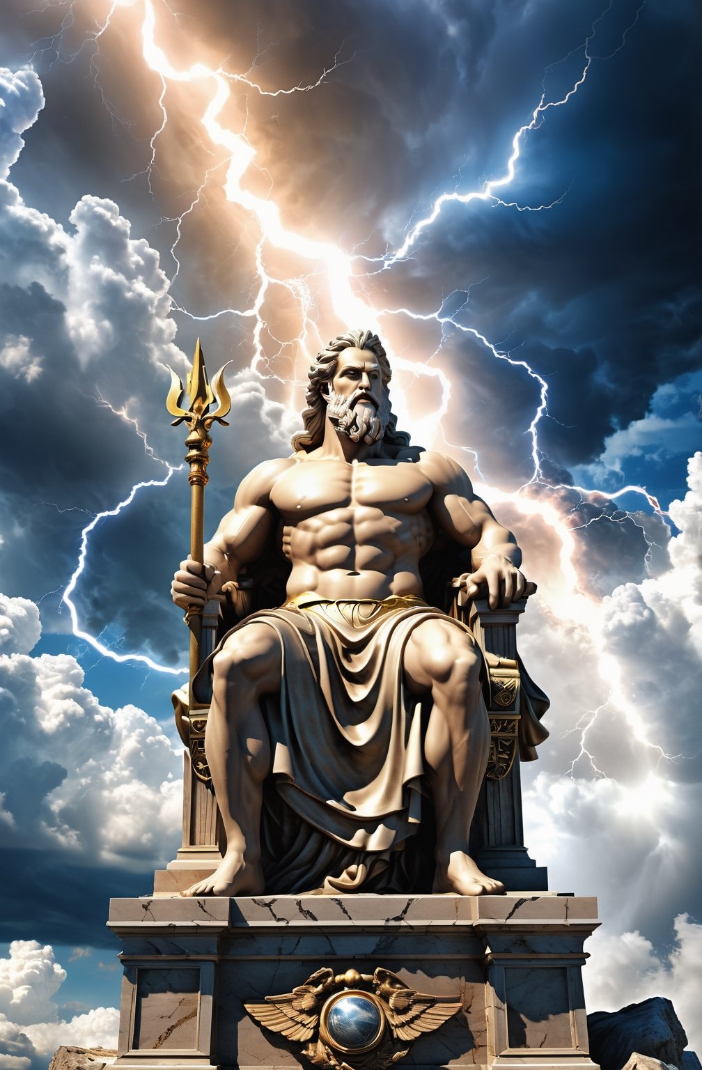 Create a photorealistic image featuring the Greek gods Zeus, the majestic figure of Zeus, ruler of the heavens, as he sits upon his throne of clouds, his lightning bolt in hand, ready to strike down any who dare challenge his divine authority.  Zeus should be portrayed with his distinctive attributes and symbols, such as Zeus with his {thunderbolt}. The background can be a {divine realm}, {Mount Olympus}, or a {mythical landscape} that reflects the realm of the gods. The camera angle can be a {medium shot}, capturing Zeus from a perspective that showcases his presence and individuality. The desired resolution for the image is {high definition}, with {crisp details} and {realistic textures} to bring out the divine qualities of the greek King of Gods, Zeus.