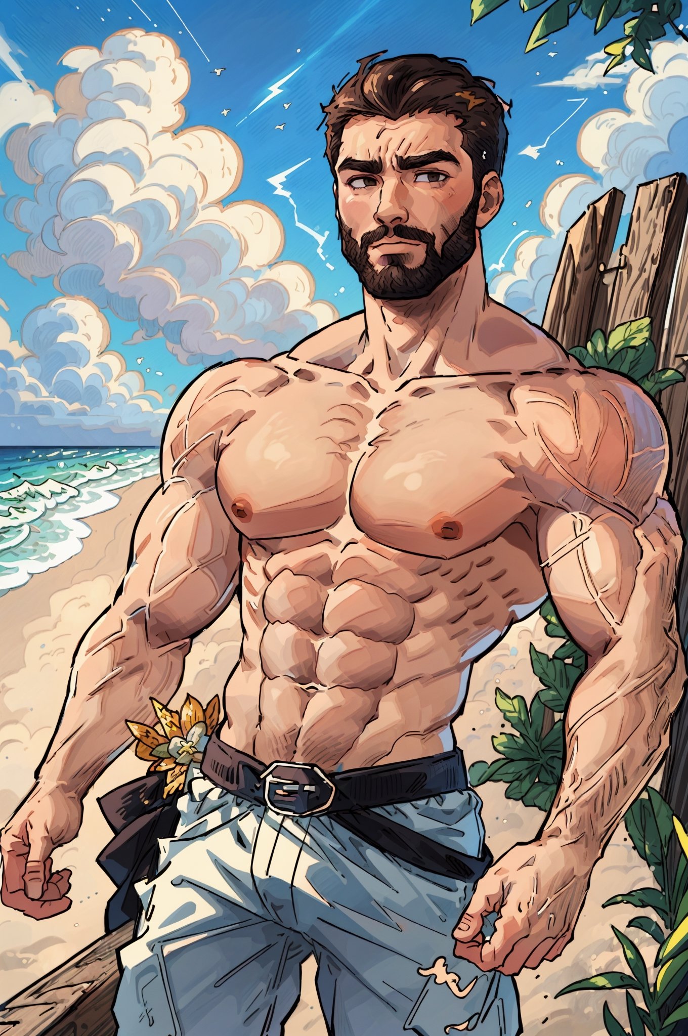 Highly detailed, High Quality, Masterpiece, beautiful, DrakePostingMeme, , 1boy, upper body, gigachad, in the beach,LightningPunkAI anime zoomed ,gigachad,paper_cut,xjrex colorful ultra realistic ,pixel_art,xjrex , muscular body
