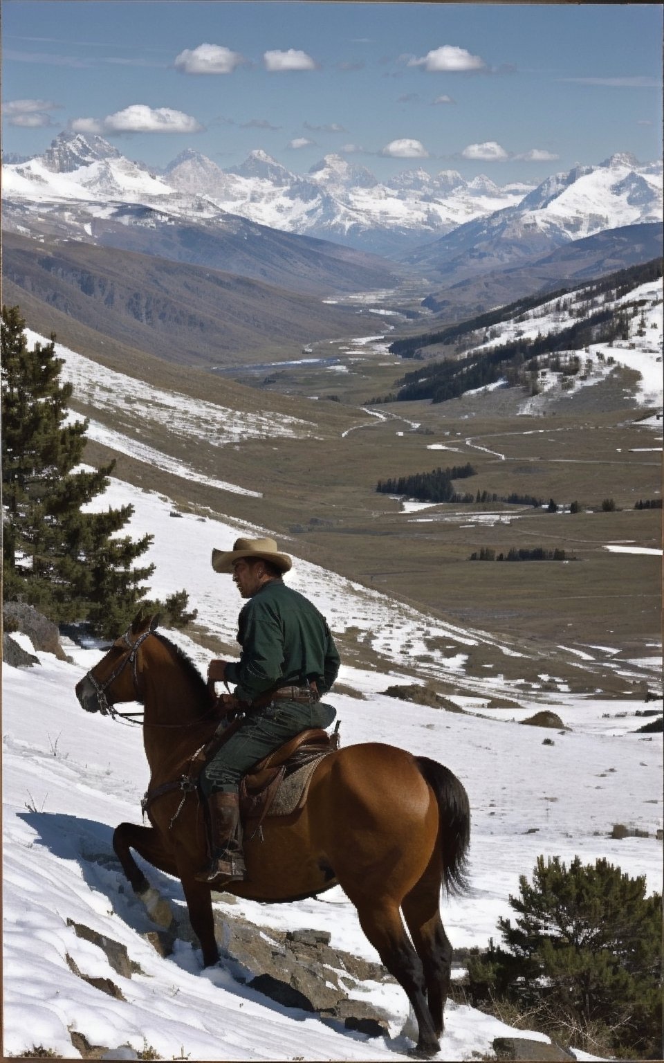 hyper-detailed,  photorealistic,  ultra photoreal,  cinematic shading
Portrait of a cowboy near a grassy field with snow capped mountains on the background,
Accurate anatomy.
Make the design photographic and with ultra realistic details., realistic, photorealistic, character, cinematic moviemaker style,photorealistic,FilmGirl,realistic,renaissance,3va,oil painting,SD 1.5