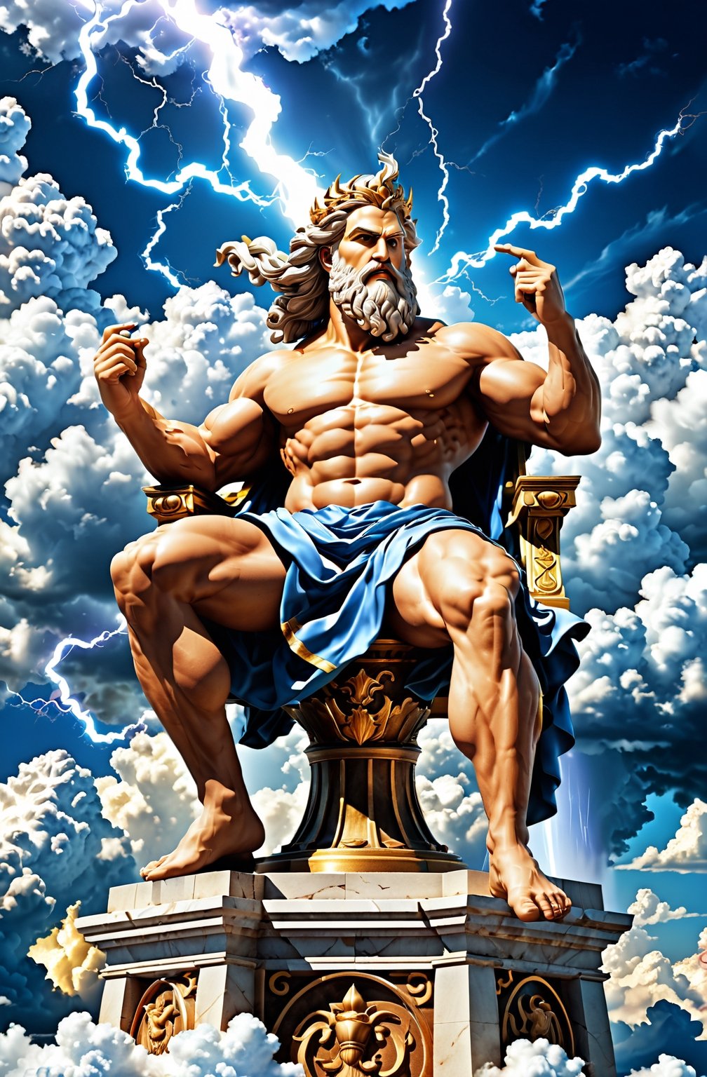 Create a photorealistic image featuring the Greek gods Zeus, the majestic figure of Zeus, ruler of the heavens, as he sits upon his throne of clouds, his lightning bolt in hand, ready to strike down any who dare challenge his divine authority.  Zeus should be portrayed with his distinctive attributes and symbols, such as Zeus with his {thunderbolt}. The background can be a {divine realm}, {Mount Olympus}, or a {mythical landscape} that reflects the realm of the gods. The camera angle can be a {medium shot}, capturing Zeus from a perspective that showcases his presence and individuality. The desired resolution for the image is {high definition}, with {crisp details} and {realistic textures} to bring out the divine qualities of the greek King of Gods, Zeus.