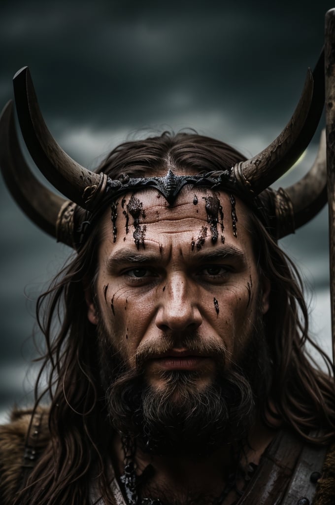 A close-up shot of a fierce Viking King, covered in dripping wet black mud, wearing a dark metal helmet with imposing black horns. His dark warpaint and scruffy black beard emphasize his angry expression, while a scar on his face tells a story of battles fought. The scene is bathed in cinematic lighting with dramatic volumetric rays, creating a moody and intense atmosphere. The Viking King grips his menacing Viking Axe
