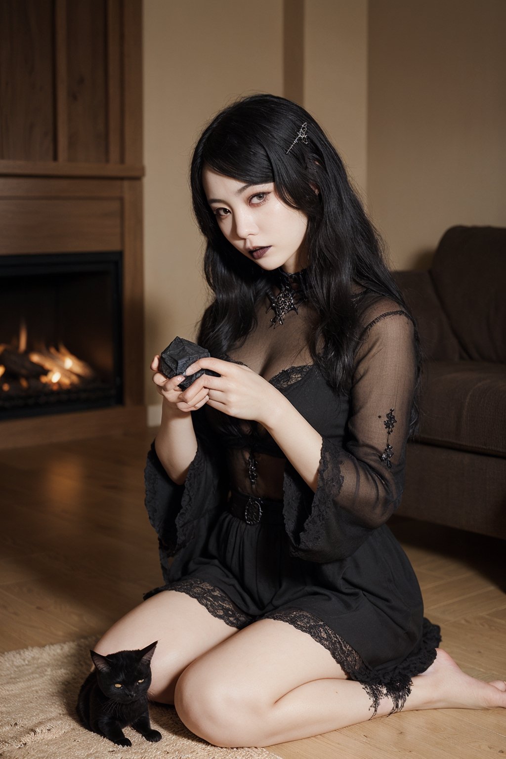 Korean sister, (goth:1.3),pale skin, knealing, brooding, (holding) lump of coal, livingroom,realhands,black cats,four_fingers,satanic,realistic