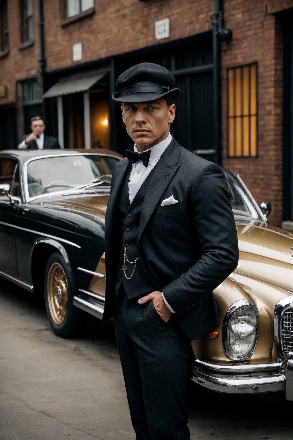 In a dimly lit alley, an opulent vintage Mercedes stands as a backdrop, emanating an aura of class and mystique. Three impeccably dressed men, epitomizing the essence of the Peaky Blinders era, stand in a row. The man at the forefront, sporting a sharp tailored suit and a sleek flat cap tilted at just the right angle, exudes confidence. His stern gaze and hardened features define his fierce and cunning nature. He leans on the car, emanating an air of authority. Beside him stands another man, equally dapper in his attire, his coat buttoned and a gold pocket watch dangling from a chain. His face carries a sense of stoicism, revealing a history of challenges and triumphs. His eyes, sharp and calculating, hint at a keen intellect. The third man, slightly in the background but still noticeable, is impeccably dressed as well. His attire, a blend of vintage fashion and modern flair, showcases his rebellious spirit. A carefully groomed beard and intense, piercing eyes complete his rugged yet refined look. In the midst of this charismatic trio, two fierce bulldogs stand guard, exuding a sense of loyalty and ferocity. Their determined expressions and muscular stature reinforce the aura of strength and power surrounding the men. The combination of the vintage Mercedes, the iconic fashion, and the fierce bulldogs perfectly encapsulates the essence of the Peaky Blinders era, creating an image that is both timeless and captivating ,PinchingPOV,SD 1.5,base model