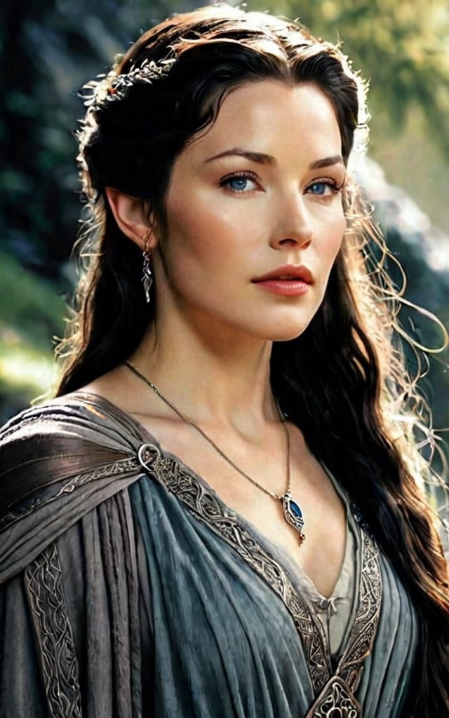 photo of arwen undomiel from Lord of the Rings, film grain, dramatic cinematic lut,realistic,character,photorealistic,Pixel art,style,ANIME 