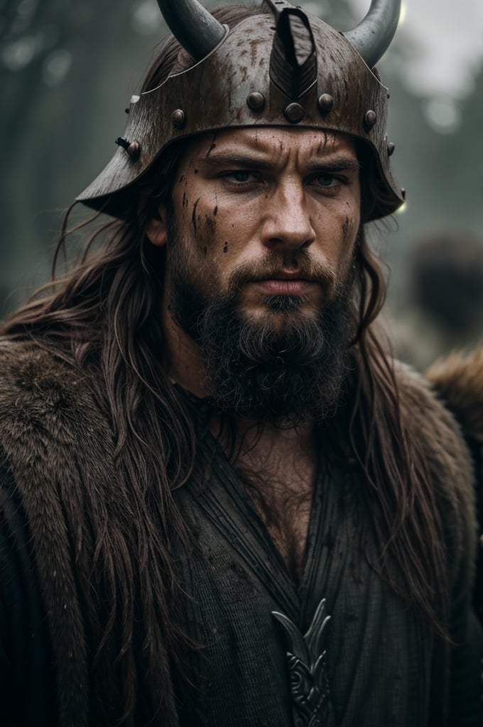 A close-up shot of a fierce Viking King, covered in dripping wet black mud, wearing a dark metal helmet with imposing black horns. His dark warpaint and scruffy black beard emphasize his angry expression, while a scar on his face tells a story of battles fought. The scene is bathed in cinematic lighting with dramatic volumetric rays, creating a moody and intense atmosphere. The Viking King grips his menacing Viking Axe
