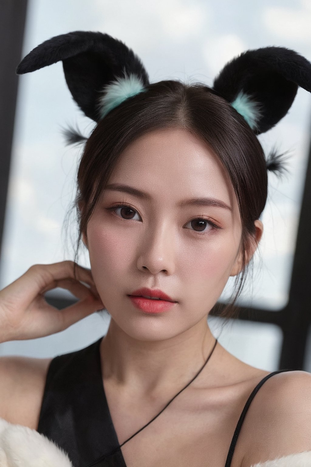 (ultra realistic,best quality),hubgwomen,masterpiece, 8k, hq, 1 girl,photorealistic,Extremely Realistic, in depth, cinematic light,hubggirl, red eyes, black hair, hair bun with accessories, traditional East Asian attire, rabbit ears headpiece, black and teal clothing, cloud pattern on garment, mystical, two black rabbits, one on shoulder and one in foreground, pale skin, blush on cheeks, serious expression, white background, portrait, upper body shot, artful composition, detailed line art, vibrant color contrast., ,HUBGGIRL