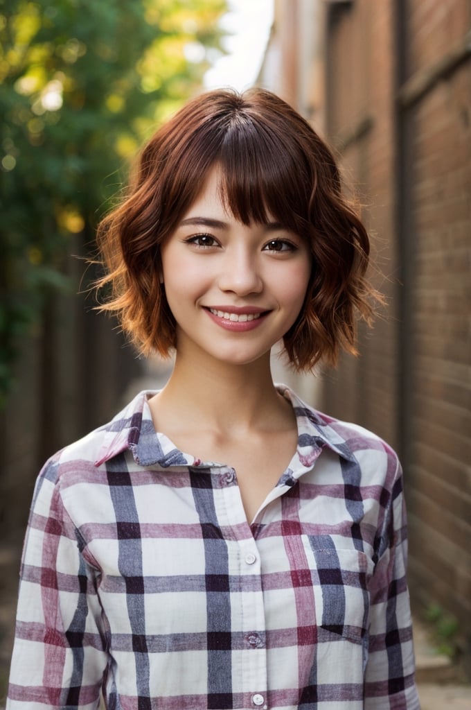 headshot, red checkered shirt, alleyway, short haircut, smile, soft colors, bokeh, masterpiece, high quality, (high detailed skin:1.1)  k8nacon
,SD 1.5