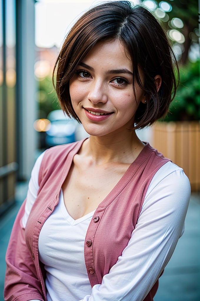 headshot, red checkered shirt, alleyway, short haircut, smile, soft colors, bokeh, masterpiece, high quality, (high detailed skin:1.1)  k8nacon
