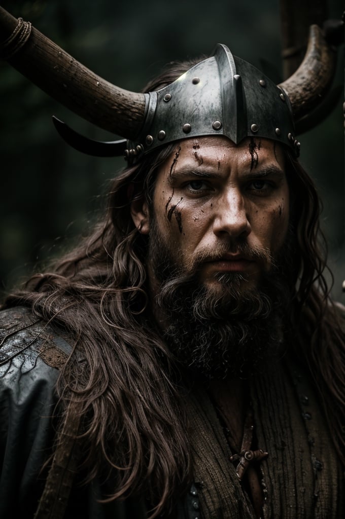 A close-up shot of a fierce Viking King, covered in dripping wet black mud, wearing a dark metal helmet with imposing black horns. His dark warpaint and scruffy black beard emphasize his angry expression, while a scar on his face tells a story of battles fought. The scene is bathed in cinematic lighting with dramatic volumetric rays, creating a moody and intense atmosphere. The Viking King grips his menacing Viking Axe
