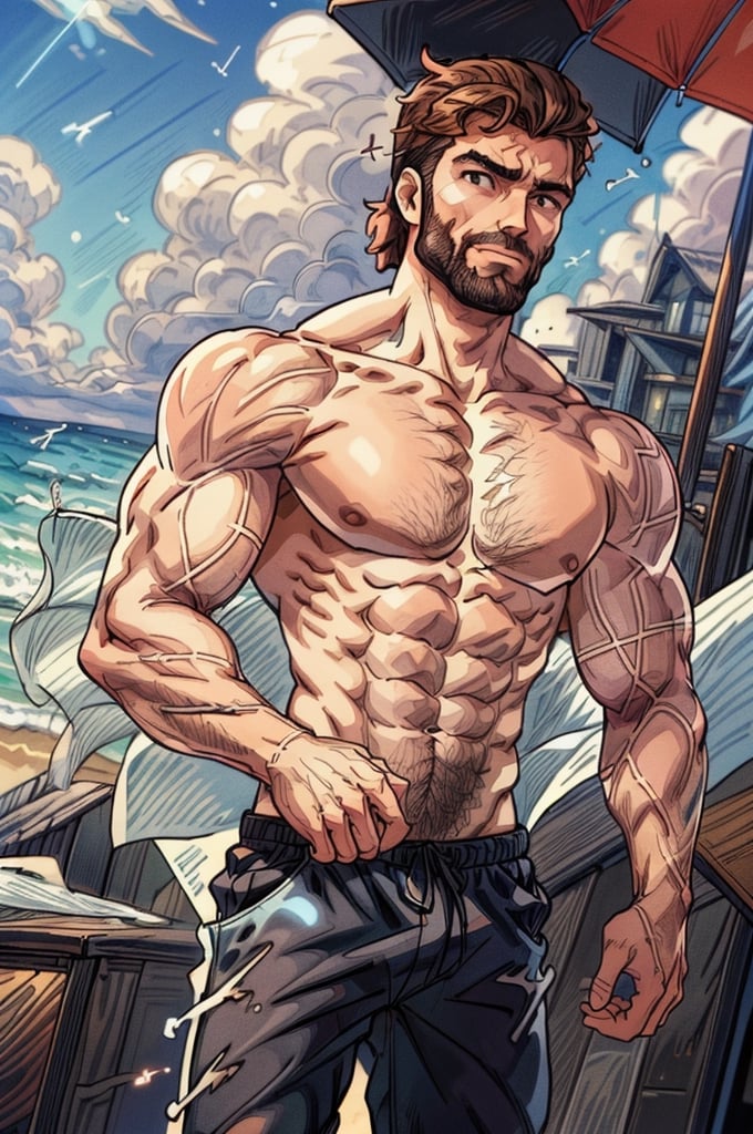 Highly detailed, High Quality, Masterpiece, beautiful, DrakePostingMeme, , 1boy, upper body, gigachad, in the beach,LightningPunkAI anime zoomed ,gigachad,paper_cut,xjrex colorful ultra realistic ,pixel_art,xjrex , muscular body
