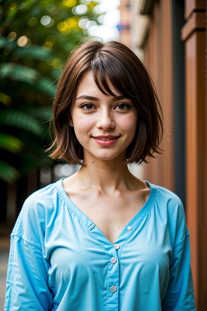 headshot, red checkered shirt, alleyway, short haircut, smile, soft colors, bokeh, masterpiece, high quality, (high detailed skin:1.1)  k8nacon
