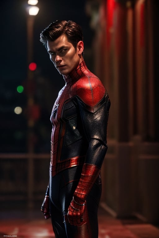 xxmix, Night dramatic atmosphere, close look of spider-man in in tight red engraved filigree leatherdog sweater suit falling in huge splash of water ultra photorealistic Hasselblad H6D high definition 8k cinematic color grading depth of field photo-realistic film lighting rim lighting intricate realism maximalist detail very realistic
