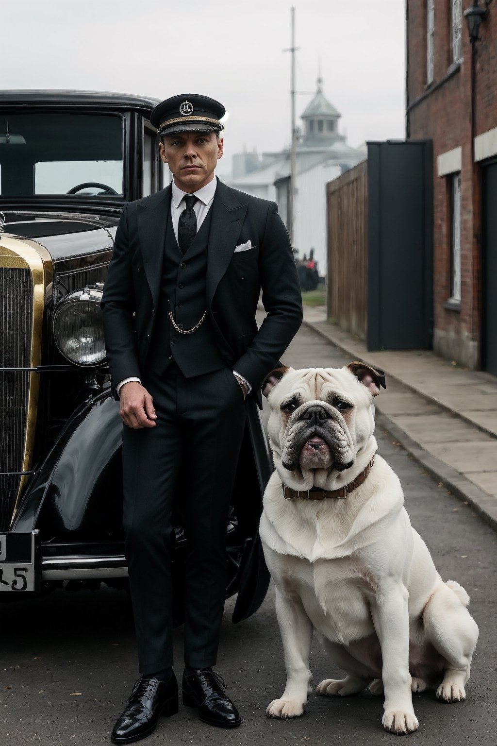 
In a dimly lit alley, an opulent vintage Mercedes stands as a backdrop, emanating an aura of class and mystique. Three impeccably dressed men, epitomizing the essence of the Peaky Blinders era, stand in a row. The man at the forefront, sporting a sharp tailored suit and a sleek flat cap tilted at just the right angle, exudes confidence. His stern gaze and hardened features define his fierce and cunning nature. He leans on the car, emanating an air of authority. Beside him stands another man, equally dapper in his attire, his coat buttoned and a gold pocket watch dangling from a chain. His face carries a sense of stoicism, revealing a history of challenges and triumphs. His eyes, sharp and calculating, hint at a keen intellect. The third man, slightly in the background but still noticeable, is impeccably dressed as well. His attire, a blend of vintage fashion and modern flair, showcases his rebellious spirit. A carefully groomed beard and intense, piercing eyes complete his rugged yet refined look. In the midst of this charismatic trio, two fierce bulldogs stand guard, exuding a sense of loyalty and ferocity. Their determined expressions and muscular stature reinforce the aura of strength and power surrounding the men. The combination of the vintage Mercedes, the iconic fashion, and the fierce bulldogs perfectly encapsulates the essence of the Peaky Blinders era, creating an image that is both timeless and captivating ,PinchingPOV,SD 1.5