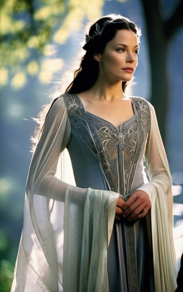 photo of arwen undomiel from Lord of the Rings, film grain, dramatic cinematic lut,realistic,character