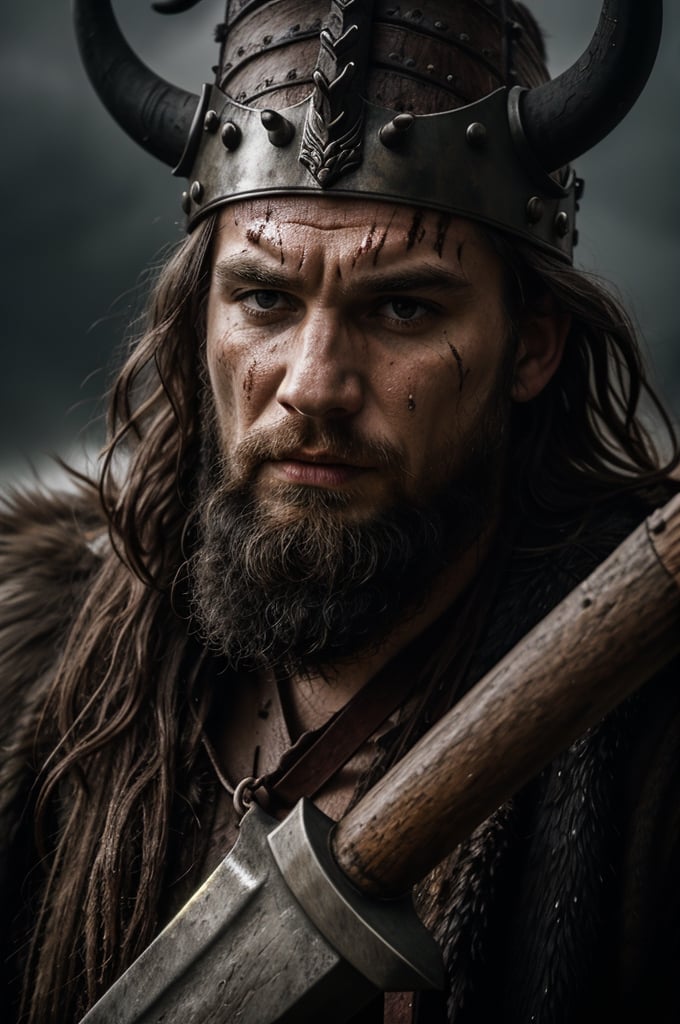 A close-up shot of a fierce Viking King, covered in dripping wet black mud, wearing a dark metal helmet with imposing black horns. His dark warpaint and scruffy black beard emphasize his angry expression, while a scar on his face tells a story of battles fought. The scene is bathed in cinematic lighting with dramatic volumetric rays, creating a moody and intense atmosphere. The Viking King grips his menacing Viking Axe
