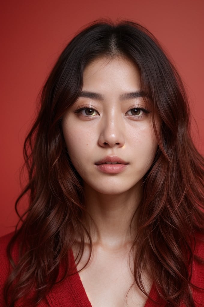 raw photo, photograph, intricate, photo of beautiful korean woman, wavy hair, skin texture, pores, in red background, cinematic LUT
,realistic