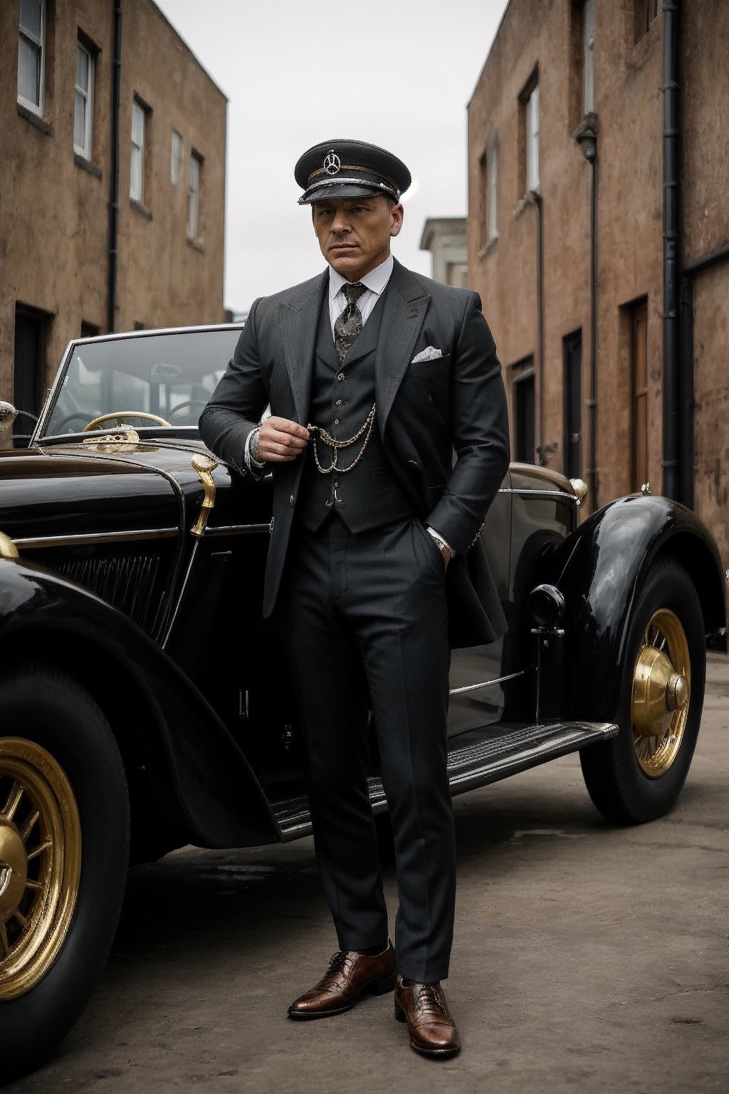 In a dimly lit alley, an opulent vintage Mercedes stands as a backdrop, emanating an aura of class and mystique. Three impeccably dressed men, epitomizing the essence of the Peaky Blinders era, stand in a row. The man at the forefront, sporting a sharp tailored suit and a sleek flat cap tilted at just the right angle, exudes confidence. His stern gaze and hardened features define his fierce and cunning nature. He leans on the car, emanating an air of authority. Beside him stands another man, equally dapper in his attire, his coat buttoned and a gold pocket watch dangling from a chain. His face carries a sense of stoicism, revealing a history of challenges and triumphs. His eyes, sharp and calculating, hint at a keen intellect. The third man, slightly in the background but still noticeable, is impeccably dressed as well. His attire, a blend of vintage fashion and modern flair, showcases his rebellious spirit. A carefully groomed beard and intense, piercing eyes complete his rugged yet refined look. In the midst of this charismatic trio, two fierce bulldogs stand guard, exuding a sense of loyalty and ferocity. Their determined expressions and muscular stature reinforce the aura of strength and power surrounding the men. The combination of the vintage Mercedes, the iconic fashion, and the fierce bulldogs perfectly encapsulates the essence of the Peaky Blinders era, creating an image that is both timeless and captivating ,PinchingPOV,SD 1.5,base model