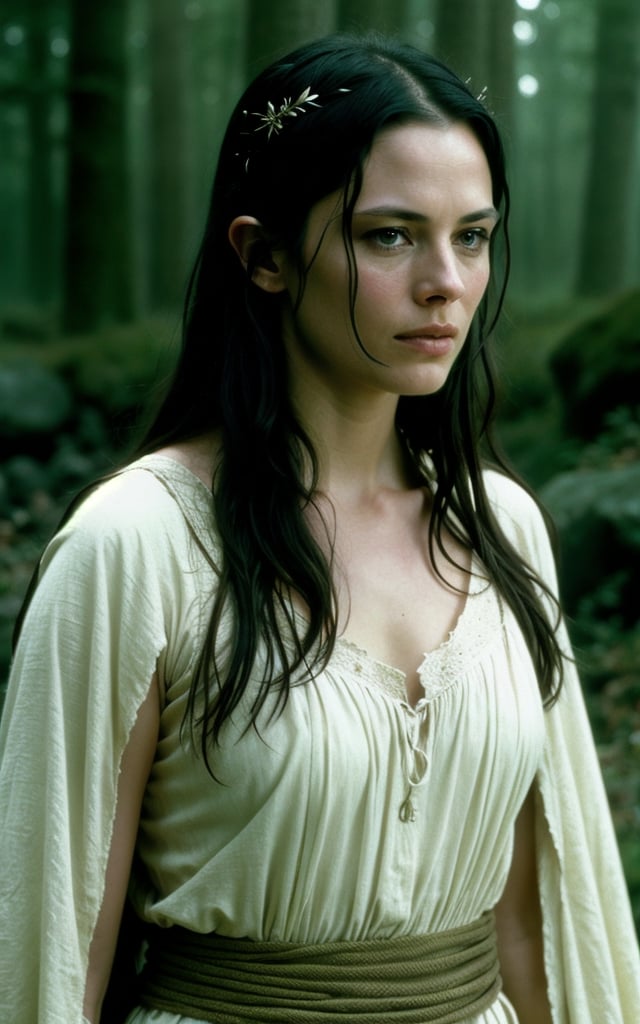 photo of arwen undomiel from Lord of the Rings, film grain, dramatic cinematic lut,realistic